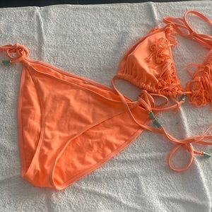 Peach fringe Bikini set turquoise & gold  beads